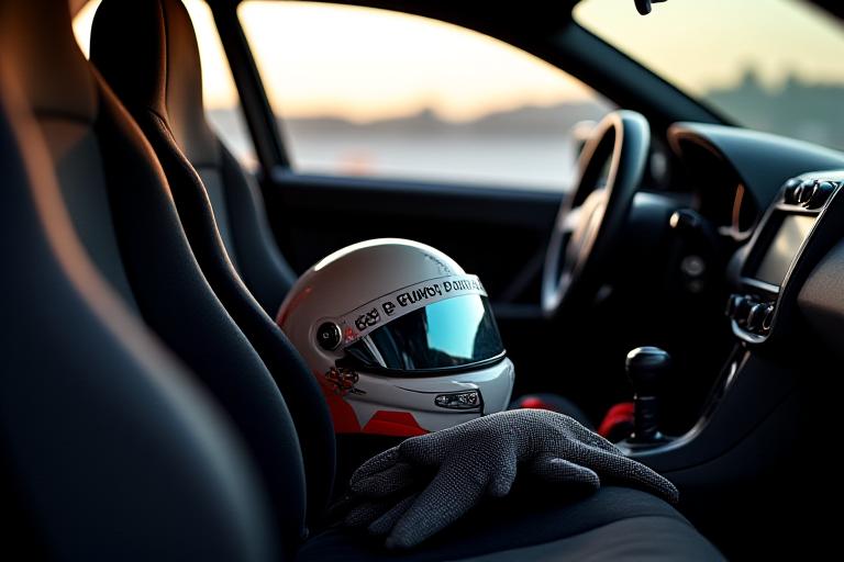 Casco e guanti da corsa poggiati su un sedile sportivo all'interno di un'auto da pista